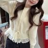 Suéter de Punto con Parche de Estilo Dulce y Adorno de Encaje para Mujer, Otoño/Invierno 2025, Color Sólido, Suave y Acogedor, Top Tipo Chaqueta Suéter con Lazo para Ajustar la Cintura