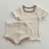 Roupa de bebê infantil estilo coreano terno de casa de manga curta com orelha de madeira para bebê masculino e feminino macacão quadrado de gola quadrada com costura canelada grande elástico