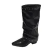 Botas Negras Adelgazantes de Tacón Grueso para Mujer Botas Largas 2026 Nuevo Par Retro que Aumenta la Altura con Faldas Punta Fina Botas Vaqueras Bootcut