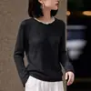 Suéter de tricô novo estilo outono feminino em Tencel linho com renda de lantejoulas, gola redonda, mangas compridas, top rosa estiloso