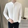 Nova Camisa com Gola Estilo Chinês Masculina Casual Branca Sem Passar Caimento Leve Luxo Cor Sólida Manga Longa Camisa Simples Masculina Preta e Branca