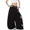 Calça de moletom com bainha curva, bloqueio de cores, estampa de letras, estilo falso duas peças, estilo americano, para comércio exterior transfronteiriço, para homens e mulheres, perna larga solta para dança de jazz