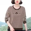 Nova Camiseta Listrada de Manga Longa da Moda de Outono da Mamãe para Mulheres, Camisa Básica Elegante com Strass de Caimento Solto para Meia-Idade e Idosos