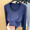 Playera sencilla de hombro descubierto de manga larga para mujer 2025 Primavera Nueva Playera ajustada de cuello redondo para mujer Top ajustado con cintura de espina de pescado