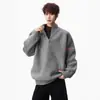 Suéter listrado color-block com zíper parcial e gola alta, estilo old money, unissex, modelagem solta, casual, malha plus size para outono e inverno