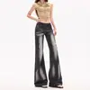 Pantalones de Mezclilla Acampanados Estilo Americano, Lavado Negro-Gris Vintage de Cintura Baja, Desgastados, Corte Delgado, Adelgazantes, Largo Extendido, Estilo High Street de Moda