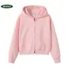 Sudadera con capucha de peso pesado para mujer, 400 g, mezcla de algodón, con cremallera, moda para mujer, sudadera corta con capucha, chaqueta con logo estampado