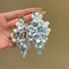 Pendientes de Borla con Flor de Gasa y Cuentas de Arroz Aguja Plateada Estilo Vacacional Pendientes Versátiles Pendientes Frescos Dulces para Mujer Sentido Niche de Alta Gama