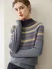 Suéter jacquard Fair Isle 100% cashmere puro outono e inverno para mulheres, suéter de malha pullover com gola semi-alta, top versátil vintage