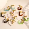 Brincos de Aço Inoxidável Transfronteiriços em Formato C com Resina Colorida Embutida, Estilo Clássico Vintage Primavera e Verão, Banhados a Ouro Real 18K, Brincos à Prova d'Água