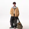 Chaqueta de solapa de retazos a cuadros de gamuza estilo americano para hombres y mujeres, chaqueta de béisbol holgada vintage de otoño, abrigo casual para parejas