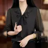 Blusa de Gasa con Lunares Negros para Mujer, Estilo Delgado, Cuello en V, de Atar, Top Elegante y con Estilo