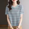 Camiseta de Punto de Seda Helada a Rayas para Mujer de Manga Corta Verano 2025 Nueva Moda Color Contraste Recorte Top Básico Delgado