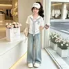 Conjunto de Verão Feminino Estilo Marinho com Xale Integrado e Manga Curta Academia Conjunto de Duas Peças Falso Top Calça de Perna Larga Conjunto de Duas Peças