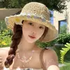 Sombrero de Sol de Flor Tejida a Crochet Hecho a Mano para Mujer, Sombrero de Paja de Borde Ancho para Proteger del Sol en Verano, Estilo Vacacional, Sombrero de Pescador Portátil y Transpirable