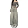 Jeans de Corte Curvo Desgastados Estilo Retro Americano Gris Claro Nuevos para Primavera 2026 para Mujer, Pantalones de Pierna Ancha Sueltos de Cintura Alta hasta el Suelo