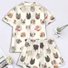 Cardigan Transfronterizo Europeo y Americano de Seda de Leche con Estampado de Colores Claros para Mujer, Conjunto Casual Transpirable de Manga Corta y Shorts para el Hogar