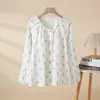 Novos Pijamas de Algodão Puro Estilo Pastoral para Mulheres, Primavera e Verão, Blusa de Gaze 100% Algodão com Bojos, Pode Ser Usada Fora