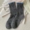 Calcetines de Lana de Puntos para Mujer Otoño e Invierno Calcetines Grises de Media Pantorrilla Calcetines Gruesos Cálidos de Cachemir y Algodón Medias Retro de Encaje