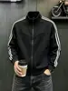 Sudadera con capucha de rayas azul oscuro y cuello alto para hombre, chaqueta deportiva americana de peso pesado para otoño, chaqueta de pareja de alta gama