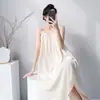 Pijama Muzhen de Seda e Algodão Novo para Mulheres, Estilo Fino de Verão, Algodão Artificial, Cor Sólida, Camisola de Alça Longa, Roupa de Casa para o Verão