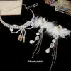 Colar e Brincos de Pérola com Pingente de Laço Cravejado de Diamantes, Conjunto de Joias de Moda Personalizado de Nicho, Acessórios de Luxo Leve e de Alta Qualidade