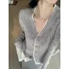 Elegante cardigã de tricô de lã pura com decote em V, estilo duas peças falsas, para mulheres, outono e inverno, caimento solto, estilo casual, jaqueta suéter