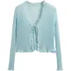 Xale de Renda Franzida com Cadarço para Proteção Solar Feminino, Peça de Roupa Externa Costelada Emagrecedora, Top Fino de Manga Longa