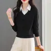 Suéter Feminino de Manga Comprida Falso Duas Peças 2025 Primavera e Outono Novo Estilo Lapela Polo Tricotado Camisa de Base Blusa com Laço