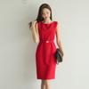 Vestido de Verano 2024 Nuevo Transfronterizo para Mujer, Estilo OL Profesional Elegante, Cuello Redondo, Cinturón, Ajustado, Vestido Vall para Mujer