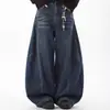 Jeans Retrô Americano Desconstruído Lavado com Barra Curva para Homens e Mulheres Marca Tendência Solto Casual Barra Reta Marca Tendência Perna Larga Calça Longa