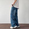 Pantalones Jeans Silueta Bolsillo Multi-Solapa, Marca de Moda Nacional Pareja Calle Retro Lavado Suelto Ropa de Trabajo Pierna Ancha Pantalones Vintage