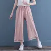 Pantalones Anchos Sueltos Bordados Literarios Retro Algodón Lino 2026 Verano Nuevos Cintura Elástica Cordón Casual Pantalones de Nueve Puntos Mujer
