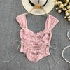 Camisola interior de tubo corto con encaje rosa para mujer, ropa de verano sexy, dulce, con tirantes de espina de pescado y espalda hermosa