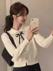 Cárdigan de punto con cuello de muñeca y lazo estilo universitario para mujer, chaqueta suéter versátil estilo coreano para otoño/invierno, top corto