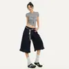 Calça Cropped Jeans Azul Profundo com Barra Franzida Verão 2026 Cintura Baixa Confortável Solta Design de Nicho Levemente Flare Calça Feminina