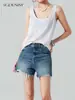 Shorts Jeans Feminino Estilo Hong Kong Desfiado/Cintura Alta com Franjas, Versão A-Line Desgastada, Lavagem Vintage, Tamanho 26, Nova Moda Verão