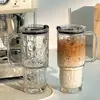 Copo de vidro de grande capacidade, caneca gigante com alça, tampa e canudo para uso no escritório, copo de café e água para meninas