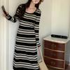 Vestido Largo de Manga Larga con Bloques de Color y Estampado de Cangrejo de Cinco Rayas para Mujer, Elegante de Corte Ajustado para Principios de Otoño, de Longitud Media