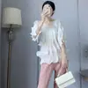 [Personalizada] Elegante Blusa de Gasa de Color Sólido con Cuello en V y Mangas Tres Cuartos para Mujer, con Diseño Fruncido