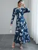 Vestido Azul de Manga Longa com Gola Redonda Transfronteiriço Estilo Francês Novo Temperamento Cinto na Cintura Emagrecedor Bainha Larga Saia Midi Estampada