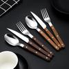 Acero Inoxidable 430 Mango de Uña de Sauce Cuchillo, Tenedor y Cuchara para Comida Occidental Vajilla Color Madera Cuchillo y Tenedor para Filete Francés Cuchara y Tenedor de Postre Juego de 5 Piezas