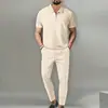 Verano Nuevo Estilo Europeo y Americano Comercio Transfronterizo Comercio Exterior Conjunto de Traje para Hombre Color Sólido Waffle Solapa Manga Corta Cremallera Pantalones Largos