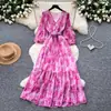 Vestido Longo Estampado com Manga Lanterna Romântica para Mulheres, Decote V, Cintura Marcada, Corte Evasê, Roupa de Férias, Outono 2026, Estilo de Alta Qualidade
