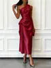 Vestido Elegante de Noche de Verano 2026 Transfronterizo Europeo y Americano de Satén de Alta Elasticidad sin Mangas de un Hombro Ceñido a la Cintura de Longitud Media