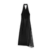 Vestido Midi de Veludo com Renda e Gola Halter, Moda Europeia e Americana, Lançamento 2026
