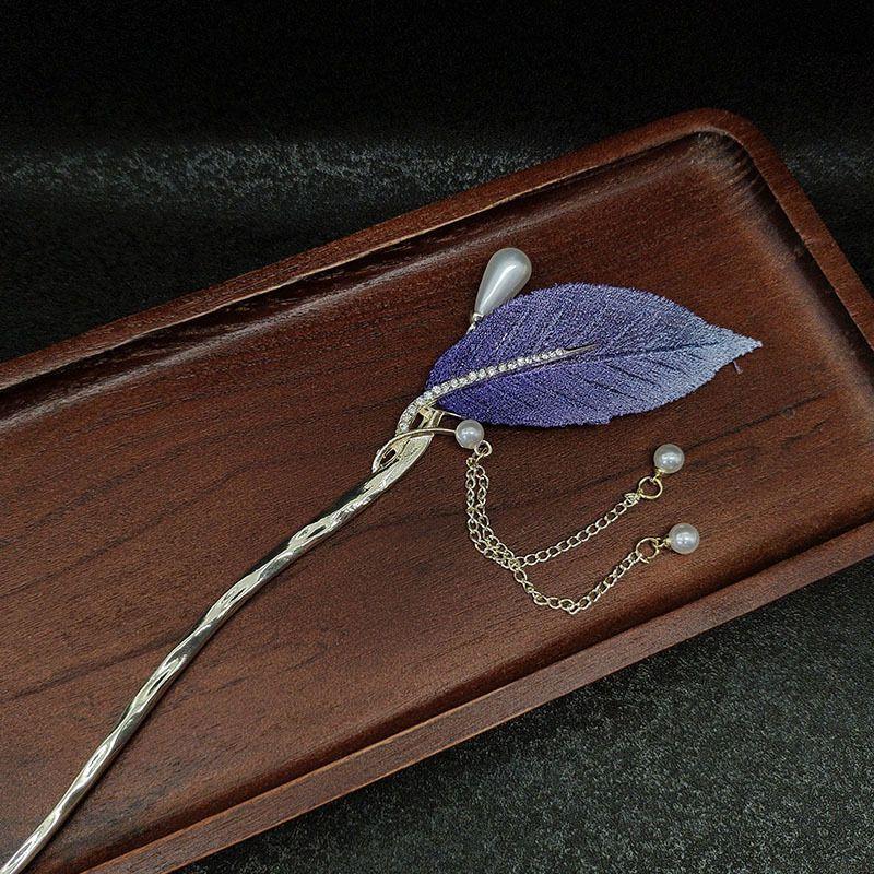 商品详情图_古风紫色刺绣树叶珍珠流苏发簪女复古汉服步摇发钗高