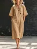 Vestido Largo Casual de Algodón y Lino con Cuello en V, Botones, Mangas Cortas y Bolsillos - Estilo Europeo y Americano Transfronterizo TikTok Primavera/Verano 2026
