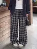 Pantalones retro de cuadros marrones estilo coreano para mujer, corte holgado, adelgazantes, de pierna recta, casuales, pantalones largos de pierna ancha de mezcla de lana para otoño e invierno