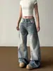 Jeans Rectos Azules Retro de Doble Botón para Mujer Petite Estilo Otoño Cintura Alta Holgados con Caída Adelgazantes de Pierna Ancha Pantalones Largos hasta el Suelo